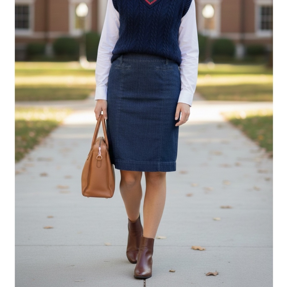 Ann Taylor Jean Skirt Womens Sz 4 Straight Pencil Dark Denim Knee Hem City Chic